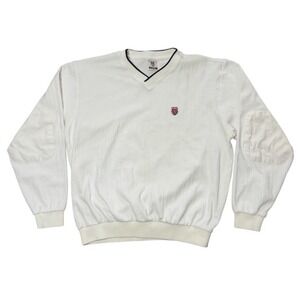 Vintage 90s Y2K K-Swiss Crest Logo V-Neck Textured Elbow Patch Pullover Sweater